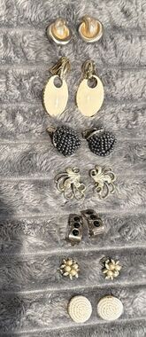 Vintage Lot of 7 Pair Silver Tone Gold Rhinestone Clip-On Earrings 1940s-80s